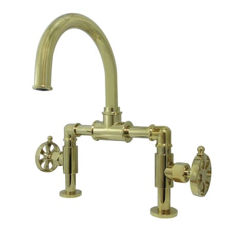 Indstrl Style Wheel Handle Bridge Bathroom Faucet W/Pop-Up Drain,Brass